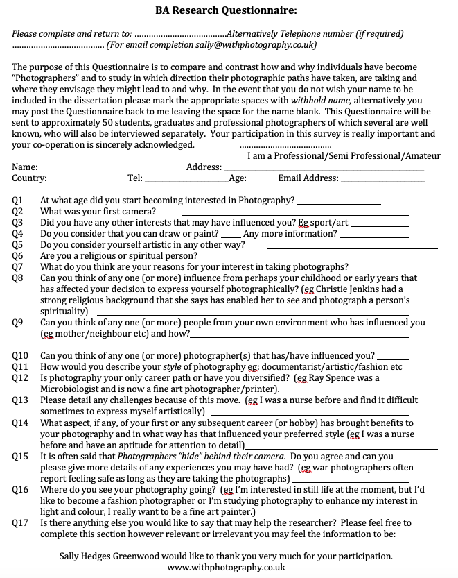 Dissertation research questionnaire ‘The Power in Photography - for the photographer’ — 2005 